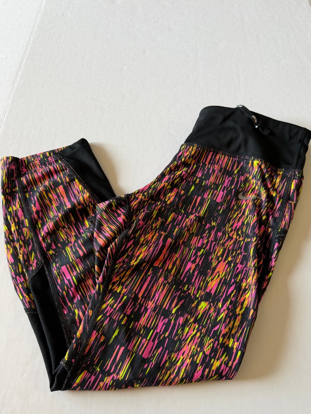 Nike Black Leggings with Pink and Neon Yellow Splash Print, med